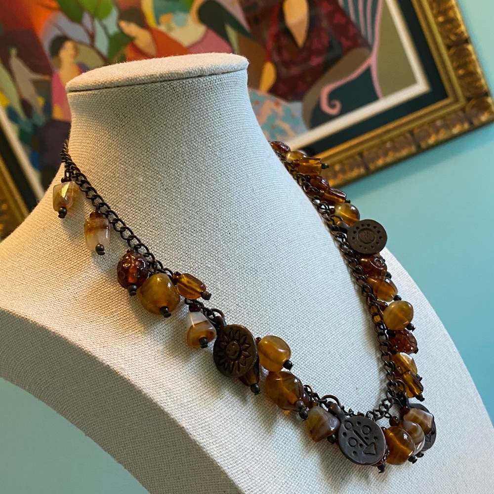 Vintage Amber/Bronze Beaded Necklace with Charms